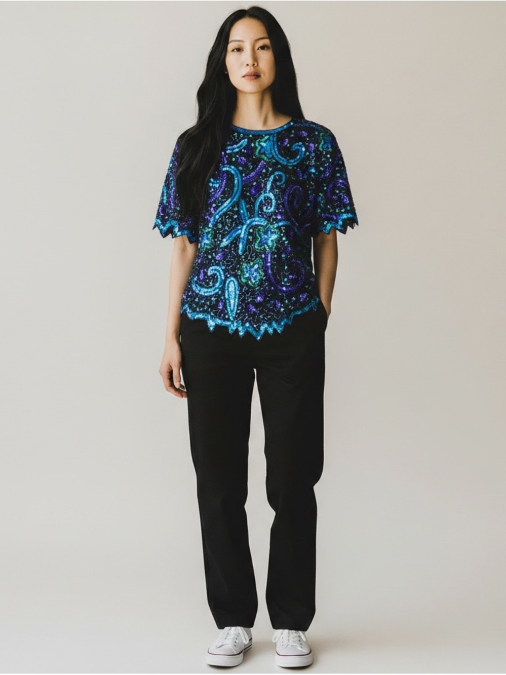 Vintage 80’s Laurence Kazar Silk Sequin Blue Purple Celestial Disco Party Top
